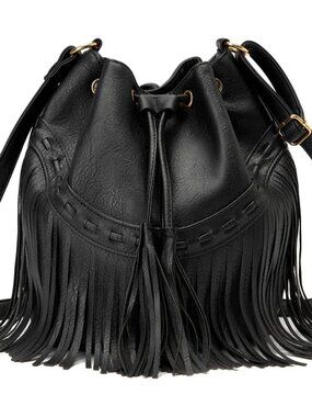 Leather Bucket Bags for Women Crossbody Fringe Purses with Drawstring Ladies Tas